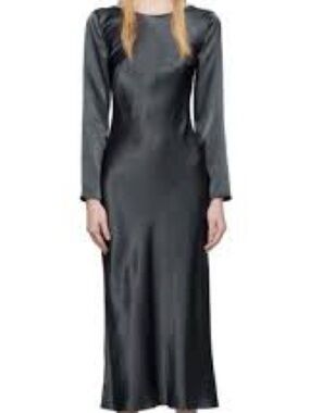 Long-Sleeve Black Satin Maxi Dress